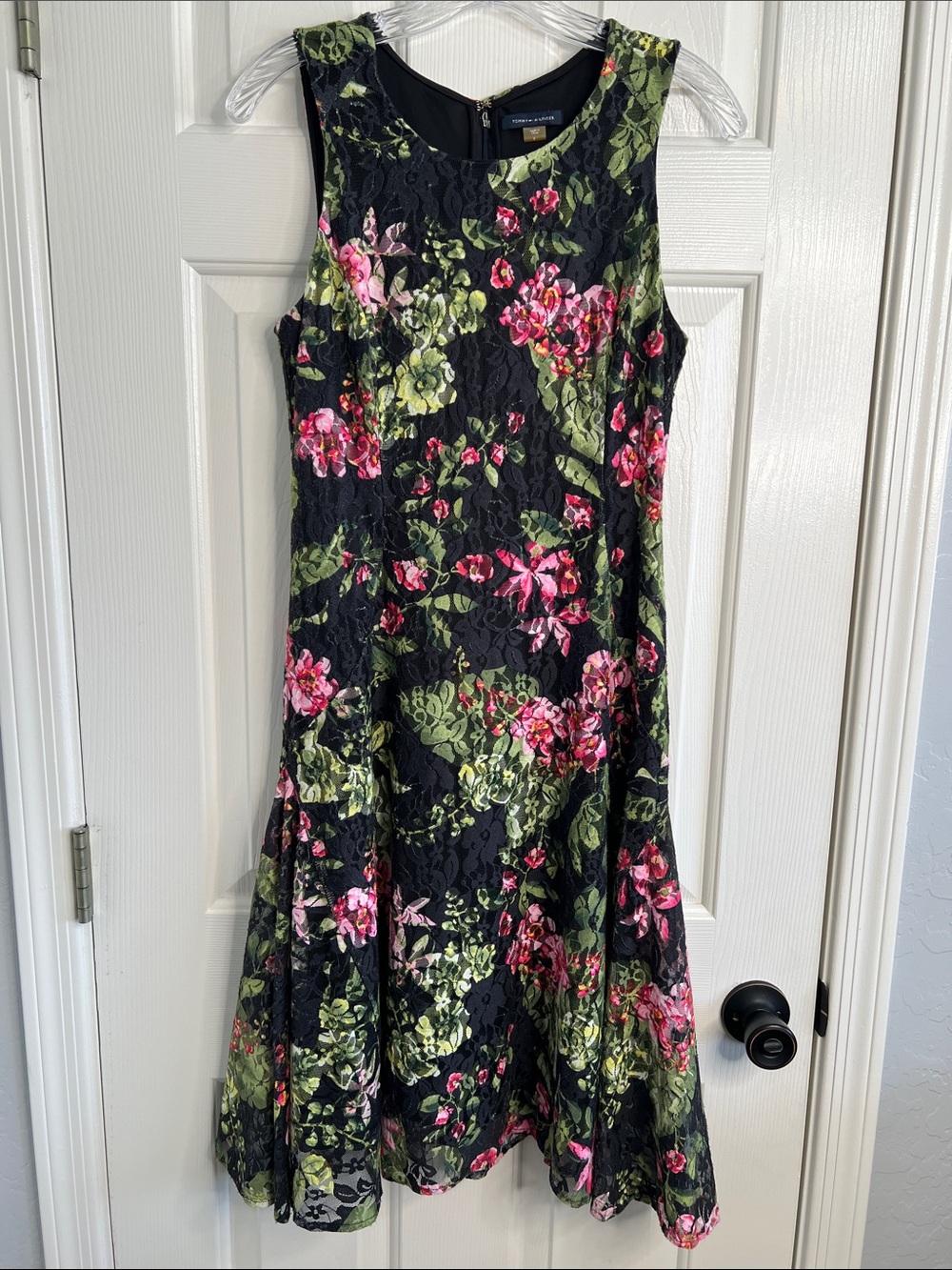 Tommy Hilfiger black lace midi dress green & pink floral print size 6